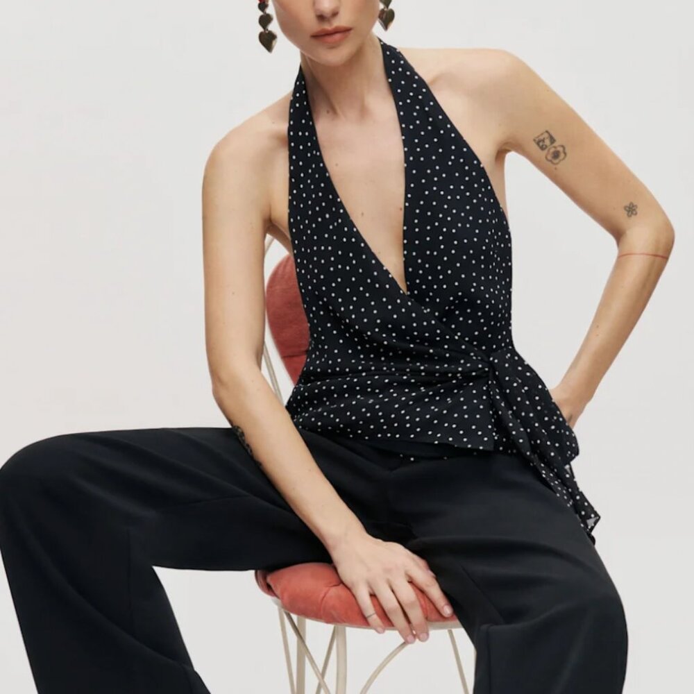 Reformation Nila Top Small Selene Black White Polka Dots Halter French Cocktail